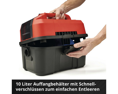 Mokro suchý vysávač s 10-litrovou nádobou a rýchloupínačmi pre jednoduché vyprázdňovanie