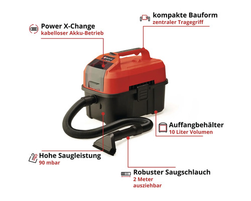 Akumulátorový vysávač na mokré a suché vysávanie s objemom nádoby desať litrov a sacou hadicou dva metre