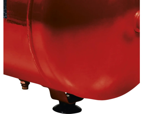 Detailný pohľad na červenú tlakovú nádobu s vypúšťacím ventilom a nožičkami