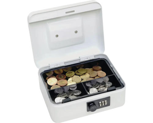 Otvorený biely trezor s mincami a číselným zámkom