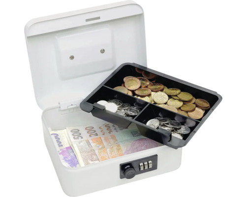 Otvorená biela pokladnička s bankovkami a mincami