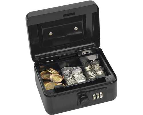 Otvorená pokladnička s mincovníkom a číselným zámkom