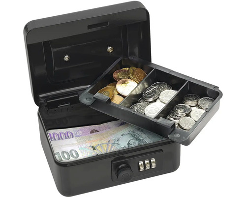 Otvorený kufrík na peniaze s mincami, bankovkami a číselným zámkom