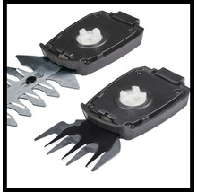 Detailný záber dvoch nadstavcov na nožnice na trávu a kríky