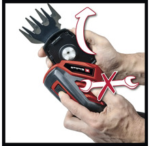 Logo spoločnosti Einhell. Obrázok nožníc na trávu s odnímateľným rezným nástavcom. Na výmenu nie je potrebné žiadne náradie.