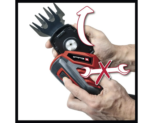 Logo spoločnosti Einhell. Obrázok nožníc na trávu s odnímateľným rezným nástavcom. Na výmenu nie je potrebné žiadne náradie.