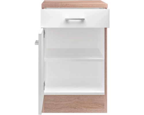 Otvorená spodná kúpeľňová skrinka so zásuvkou a dvoma policami