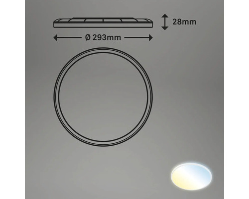 Technický nákres okrúhleho stropného svietidla s rozmermi 293 milimetrov v priemere a 28 milimetrov na výšku
