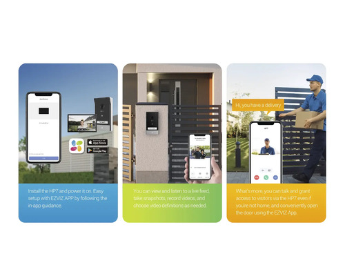 Produktová fotografia inteligentného zvončeka EZVIZ HP7 s ovládaním pomocou aplikácie na smartfóne.