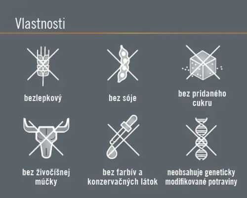 Vlastnosti: bezlepkový, bez sóje, bez pridaného cukru, bez živočíšnej múčky, bez farbív a konzervačných látok, neobsahuje geneticky modifikované potraviny