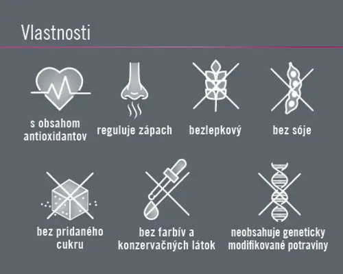Vlastnosti produktu: Obsahuje antioxidanty, reguluje zápach, bez lepku, bez sóje, bez pridaného cukru, bez farbív a konzervačných látok, neobsahuje geneticky modifikované potraviny.
