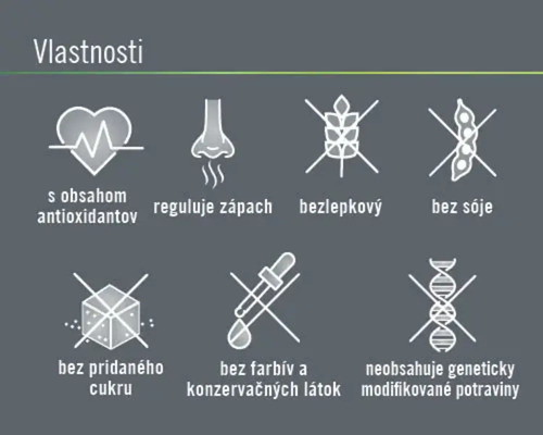 Vlastnosti: S antioxidantmi, reguluje zápach, bez lepku, bez sóje, bez pridaného cukru, bez farbív a konzervačných látok, neobsahuje geneticky modifikované potraviny