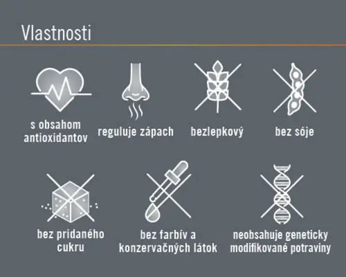 Symboly vlastností produktu: Obsahuje antioxidanty, reguluje zápach, bez lepku, bez sóje, bez pridaného cukru, bez farbív a konzervačných látok, neobsahuje geneticky modifikované potraviny