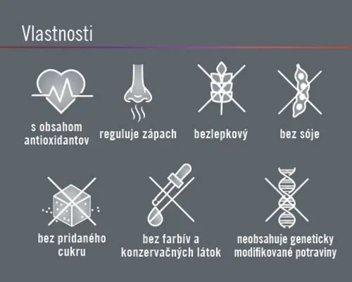 Vlastnosti: S obsahom antioxidantov, reguluje zápach, bezlepkový, bez sóje, bez pridaného cukru, bez farbív a konzervačných látok, neobsahuje geneticky modifikované potraviny