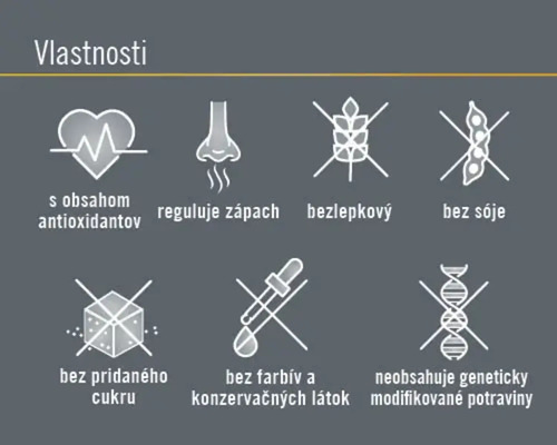 Vlastnosti: Obsahuje antioxidanty, reguluje zápach, bez lepku, bez sóje, bez pridaného cukru, bez farbív a konzervačných látok, neobsahuje geneticky modifikované potraviny