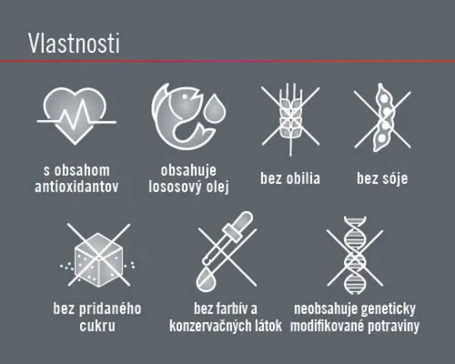 Vlastnosti produktu: obsahuje antioxidanty a lososový olej, bez obilnín, sóje, pridaného cukru, farbív a konzervantov, neobsahuje geneticky modifikované potraviny