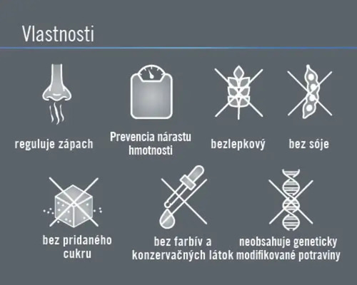 Vlastnosti: reguluje zápach, prevencia nárastu hmotnosti, bezlepkový, bez sóje, bez pridaného cukru, bez farbív a konzervačných látok, neobsahuje geneticky modifikované potraviny