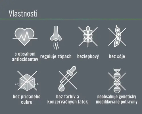 Obsahuje antioxidanty, reguluje zápach, bez lepku, bez sóje, bez pridaného cukru, bez farbív a konzervačných látok, neobsahuje geneticky modifikované potraviny.