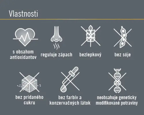 Vlastnosti: S antioxidantmi, reguluje zápach, bez lepku, bez sóje, bez pridaného cukru, bez farbív a konzervačných látok, neobsahuje geneticky modifikované potraviny