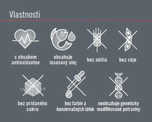 Vlastnosti: Obsahuje antioxidanty, obsahuje lososový olej, bez obilnín, bez sóje, bez pridaného cukru, bez farbív a konzervačných látok, neobsahuje geneticky modifikované potraviny