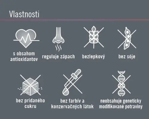 Vlastnosti: S antioxidantmi, reguluje zápach, bez lepku, bez sóje, bez pridaného cukru, bez farbív a konzervačných látok, neobsahuje geneticky modifikované potraviny