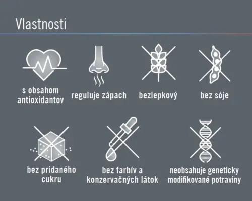 Vlastnosti: Obsahuje antioxidanty, reguluje zápach, bez lepku, bez sóje, bez pridaného cukru, bez farbív a konzervačných látok, neobsahuje geneticky modifikované potraviny