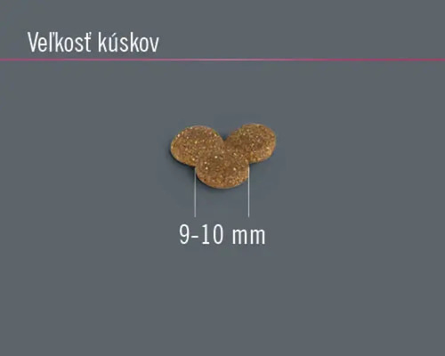 Tri kúsky krmiva s veľkosťou 9 až 10 milimetrov.