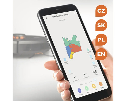 Zobrazuje sa smartfón s aplikáciou pre robotický vysávač.