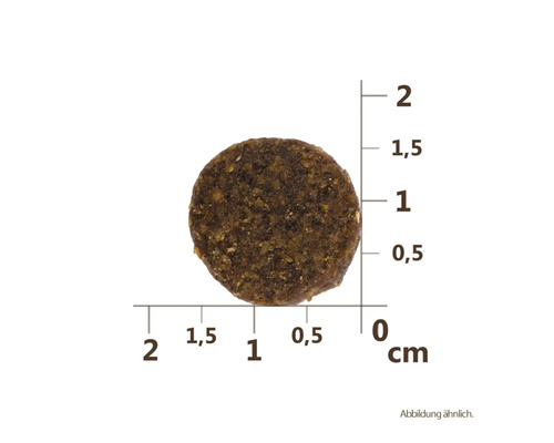 Hnedé okrúhle suché krmivo s uvedením centimetrov