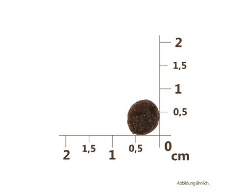 Jeden kus suchého krmiva pre psy s údajmi v centimetroch