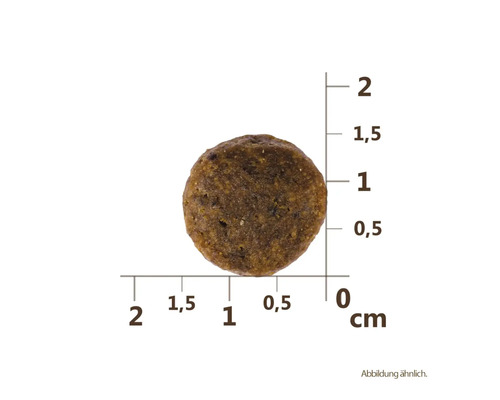 Jeden kus suchého krmiva s uvedením veľkosti v centimetroch