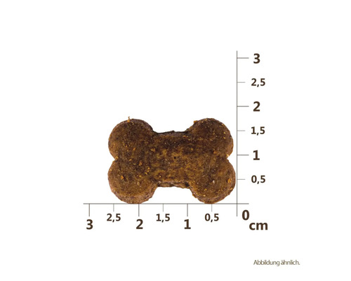 Krmivo pre psy v tvare kosti s uvedením veľkosti v centimetroch.