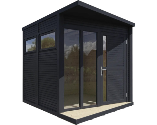 Záhradný domček s oknami a dverami na drevenej terase