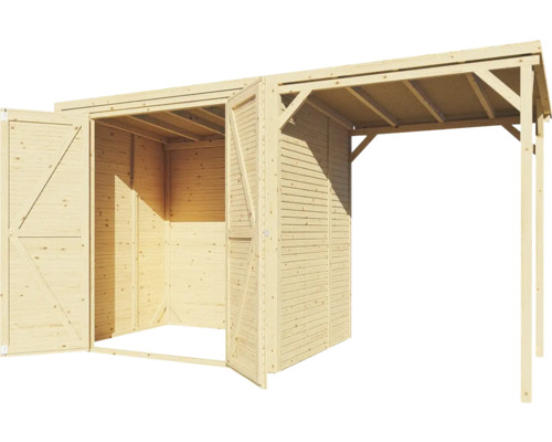 Drevený záhradný domček s otvorenými dvojkrídlovými dverami a prístreškom