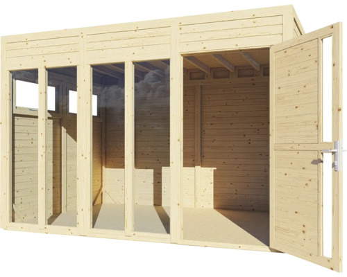 Drevený záhradný domček s oknami a otvorenými dverami