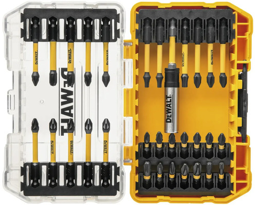 Sada bitov DeWalt s rôznymi skrutkovacími bitmi v otvorenom úložnom puzdre
