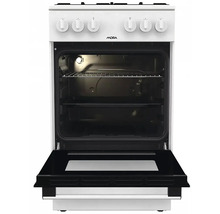 Plynový sporák s otvorenými dvierkami rúry a dvoma úrovňami zasúvania.