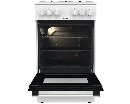 Plynový sporák s otvorenými dvierkami rúry a dvoma úrovňami zasúvania.