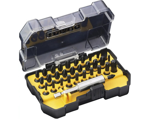 Sada bitov DeWalt s rôznymi skrutkovacími bitmi a držiakom bitov v otvorenom plastovom boxe