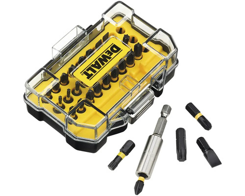 Sada bitov Dewalt s rôznymi skrutkovacími bitmi a držiakom bitov v priehľadnom úložnom boxe.