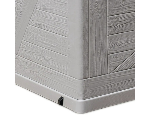 Detailný pohľad na úložný box s dreveným vzhľadom a kolieskami