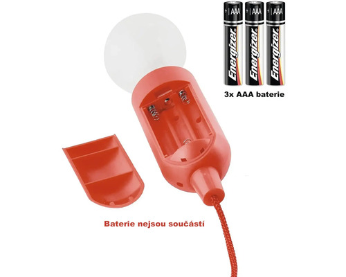 Svietidlo na batérie s otvoreným priestorom pre batérie a tromi batériami AAA.