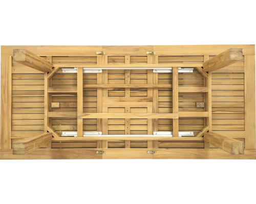 Spodná strana záhradného stola z teakového dreva s výsuvnou funkciou