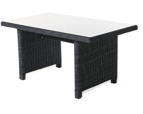 Záhradný stôl so sklenenou doskou a vzhľadom ratanu