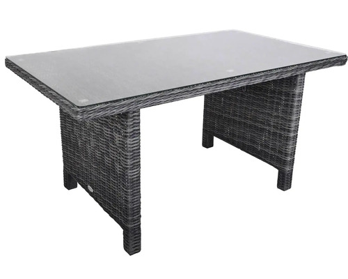 Záhradný stôl so sklenenou doskou a vzhľadom ratanu
