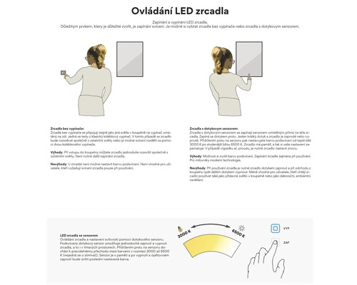 Informácie o ovládaní LED zrkadiel s vypínačom a bez vypínača
