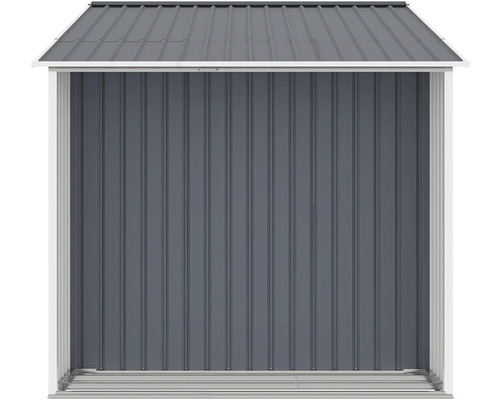 Prázdna kôlňa na náradie s kovovou strechou a zvislými stenovými panelmi