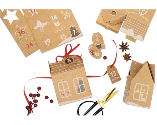 Adventný kalendár "Cozy Village", papierové domčeky 4 druhy + príslušenstvo Vianočný adventný kalendár na výrobu s papierovými domčekmi, samolepkami s číslami, príveskami a stuhou