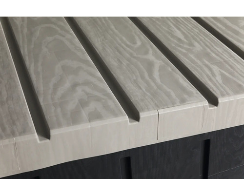 Detailný pohľad na kryt z polymérbetónu s drevenou štruktúrou