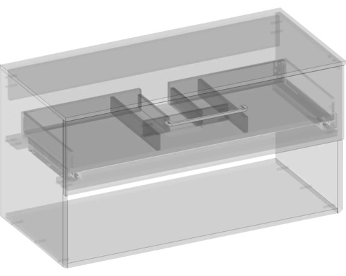 Vnútorný pohľad na kúpeľňovú skrinku so zásuvkami a držiakom na uteráky